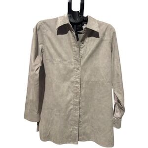 Liz Claiborne Lizsport Faux Suede Button Shirt Taupe Gray Stain Resistant S